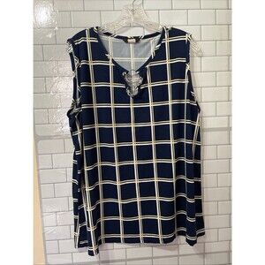 Arabella navy Blue Grid Windowpane Keyhole‎ O-Ring Sleeveless Tank Blouse Top